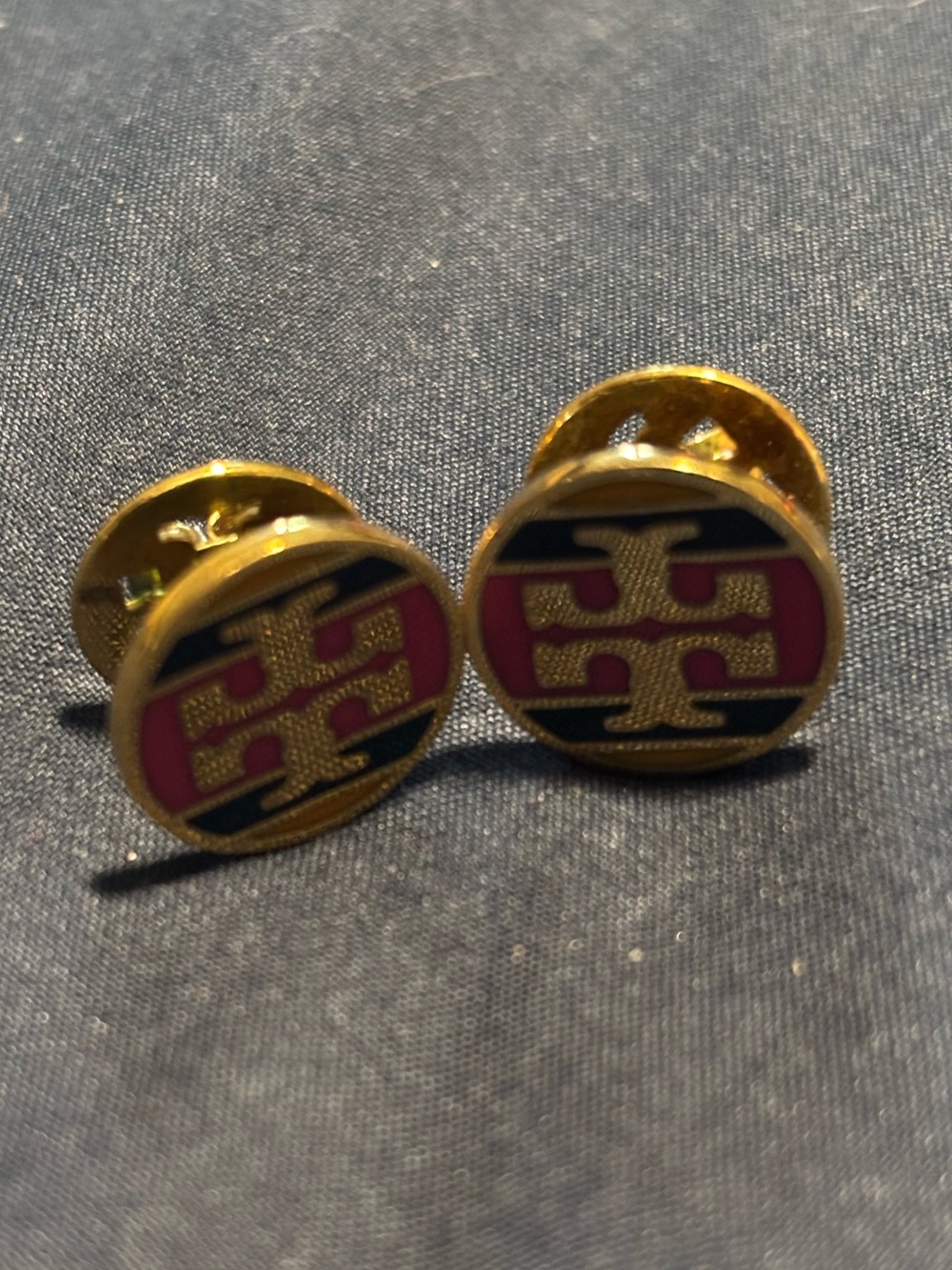 Tory Burch Gold and Pink Enamel Round Logo Cufflinks